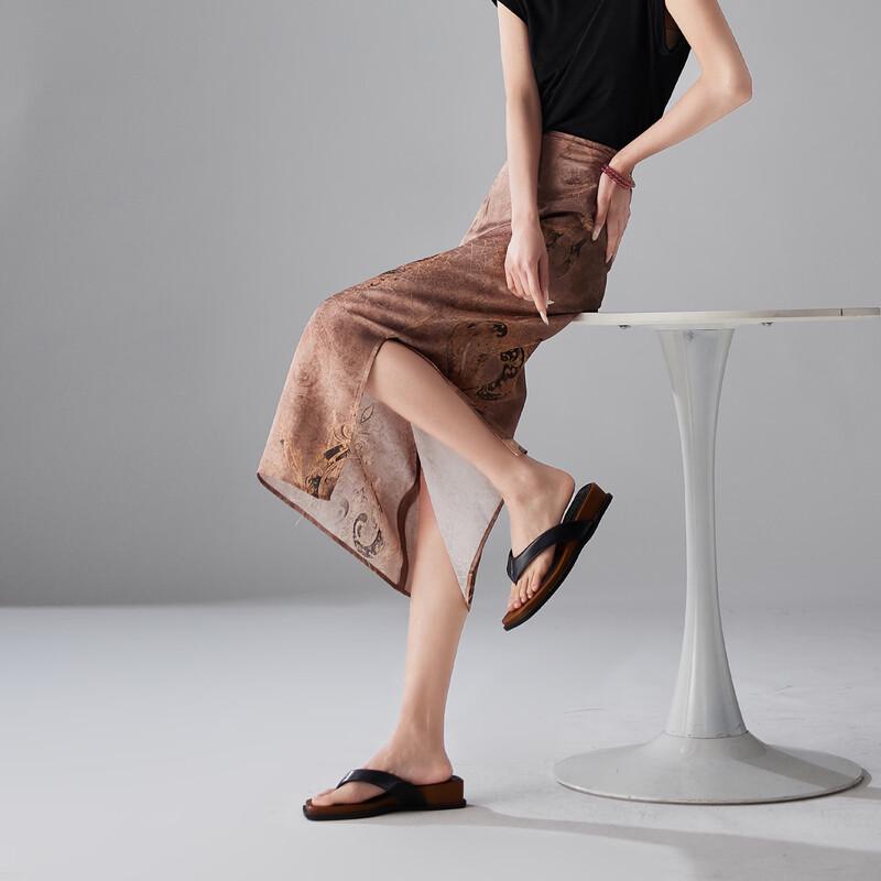 SOFSIL New Chinese Style Printed Slit Midi Skirt 27/M