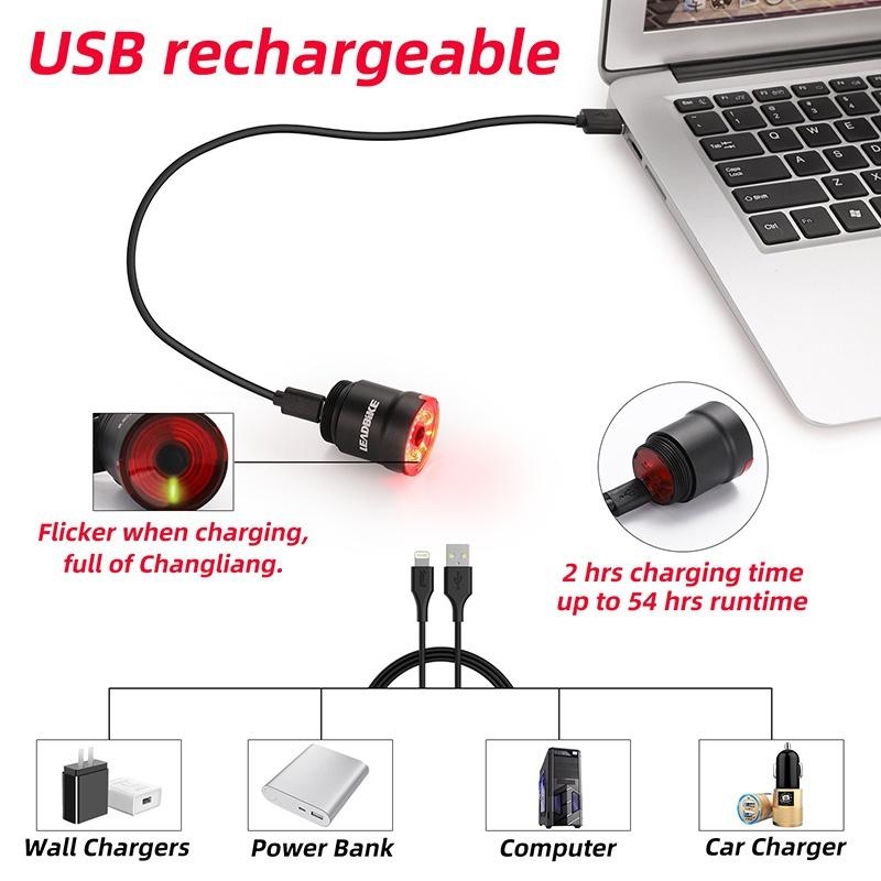 Waterproof LED Bike Tail Light with Smart Brake Sensing - 6 Modes, USB