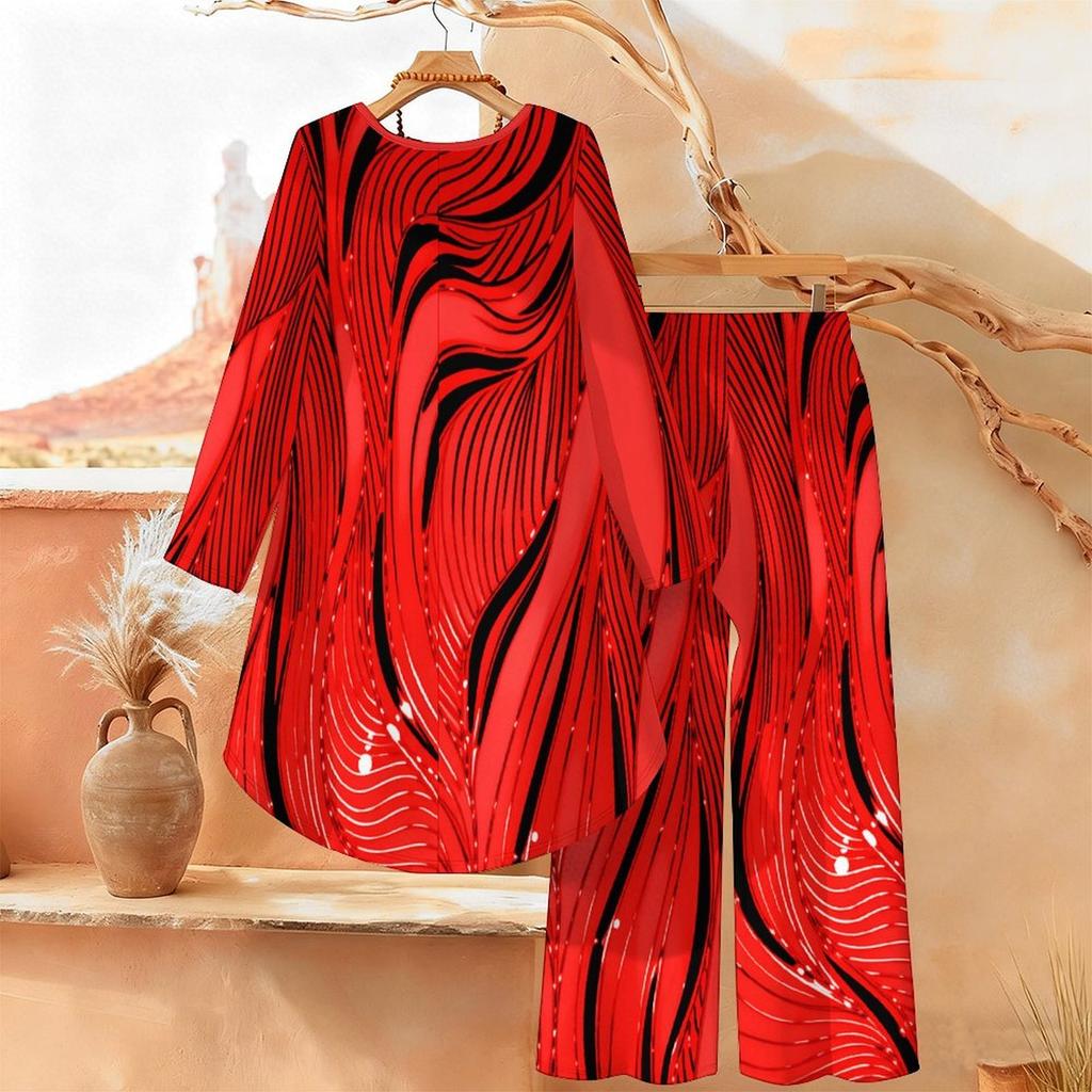 Geometric Pattern Print Two Piece Outfit Women Long Sleeve Irregular Hem Tunic Top Wide Leg Pants Casual Matching Set