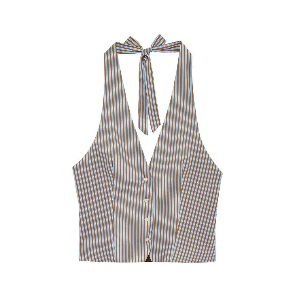 ZA Women's Summer 2025 Retro Striped Halter Neck Vest and Straight Leg Pants Set