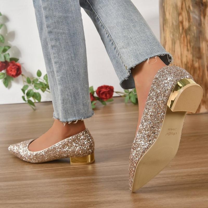 Fashion Sexy  Shiny Sequin Pumps Women New Pointed Toe Low Heels Wedding Party Shoes Woman Slip-on Bling Glitter Bride Shoes