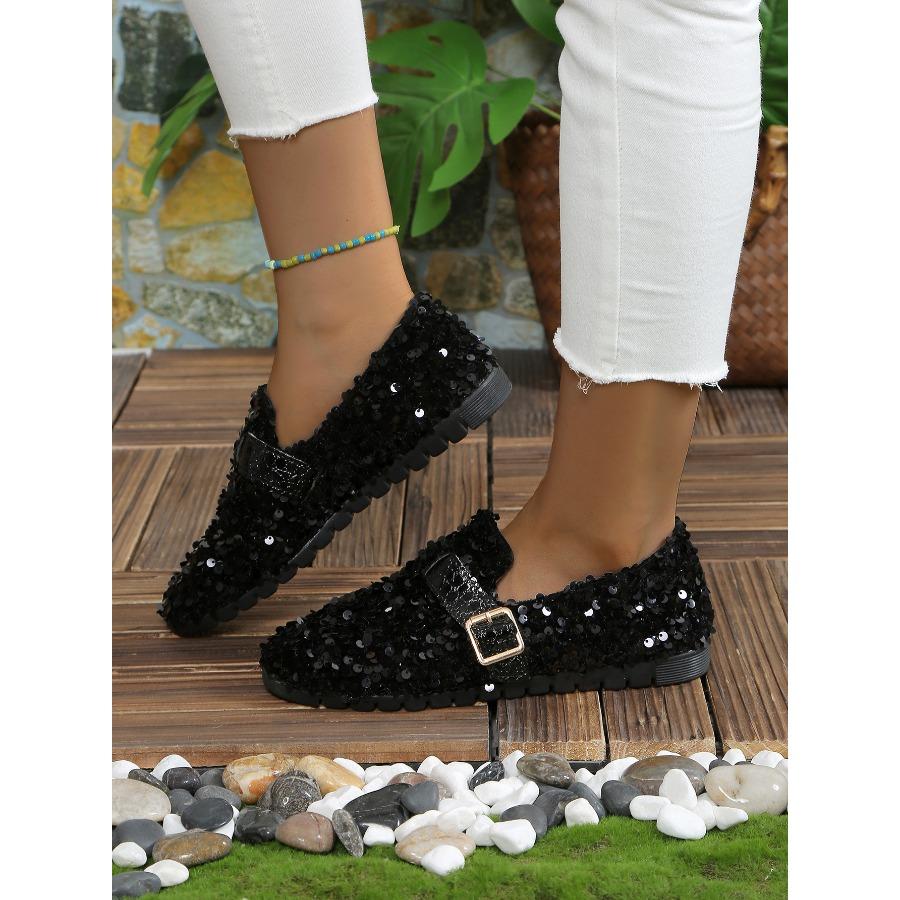 2025 New Vintage Sequined Mary Jane Shoes Women's Plus Size Mary Jane Shoes French-Style Flats