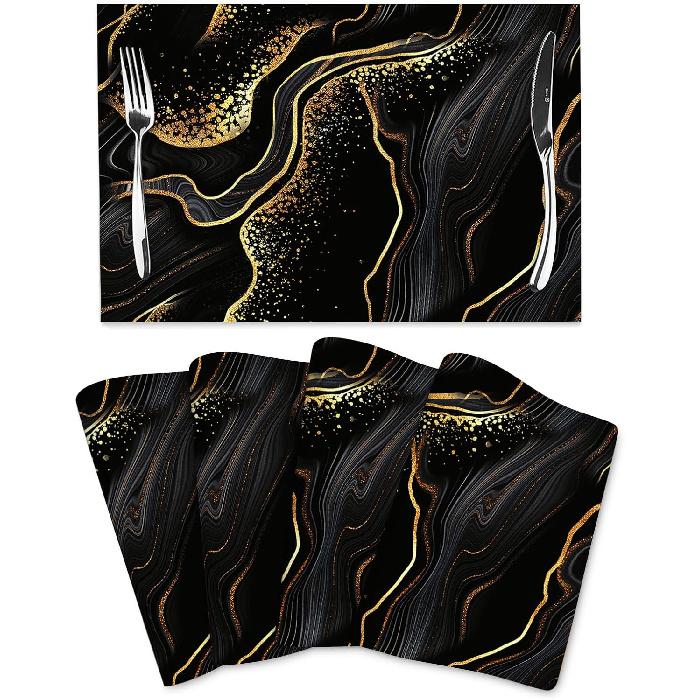 Black Gold Marble Texture Placemats Set of 4, Black Table Mats, Heat Resistant Washable Linen Place Mats for Kitchen Dining Table Farmhouse 12"x18",