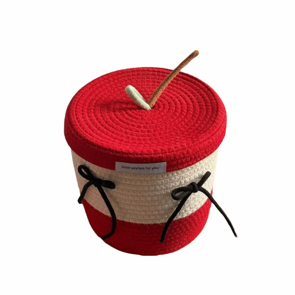 Red White Storage Basket Cotton Tead Woven Handmade Woven Basket Cartoon Design Versatile Function Organizer Basket