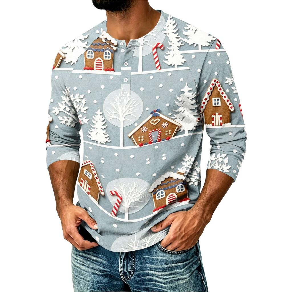 Men's Casual Shirt with Raglan Three-Quarter Sleeves, Christmas Print