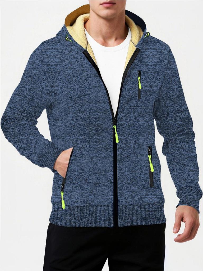 Herbst Neue Herren Freizeit Fleecegefüttert Kapuzen-Reißverschlussjacke Einfarbig Warm Sportbekleidung Herrenmode Oberbekleidung