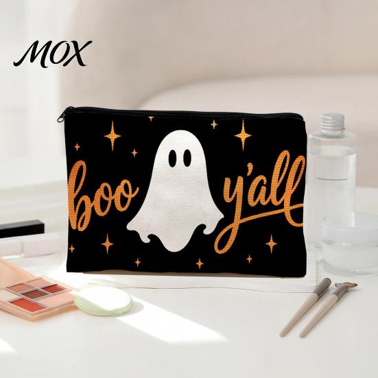 Cartoon Style Storage Case Cosmetic Bag, Halloween Pattern Print Makeup Canvas Travel Toiletry Bag Zipper Pouch, for Change Data Cable High
