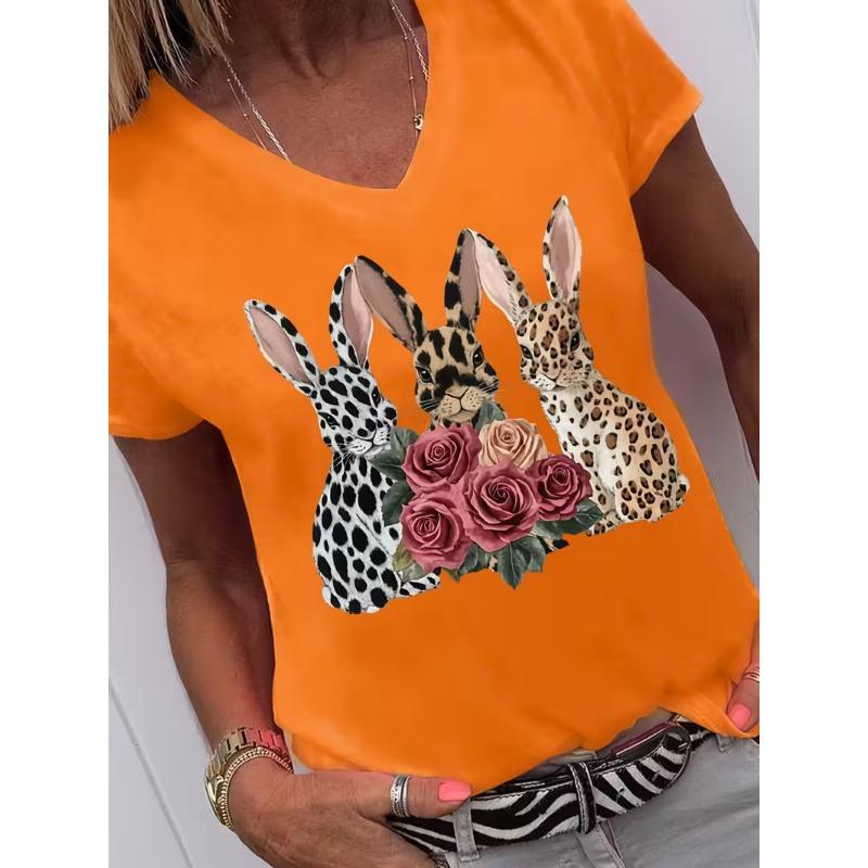T-shirt à manches courtes pour femme avec imprimé floral et feuilles, col en V