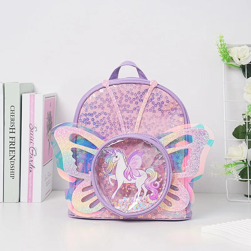 Nieuwe Modetrend Kinderrugzak Cartoon Eenhoorn Pailletten Laser Transparante Vleugels Vlinder Rugzak Kleuterschool Schooltas