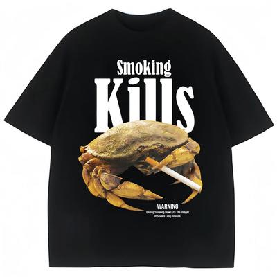 Lustiges Smoking Kills Krabben Meme Grafik T-Shirts Humor Vintage Unisex Damenmode Hochwertiges T-Shirt Übergroß Baumwolle Lässige T-Shirts