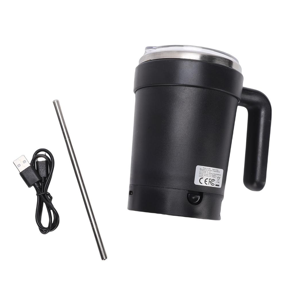 Self Stirring Mug Stainless Steel Automatic Magnetic Coffee Mug USB Rechargeable 380ML Capacity with Straw Black