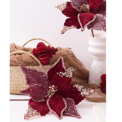 New 26CM Wine Red Artificial Poinsettia Flower Glitter Sparkling Simulation Flowers Sequins Sequins Flower Home Decoration
