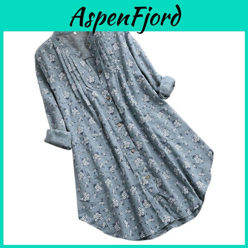 Comfortable Women V-neck Long Sleeve Flower Print Linen Shirt Ladies Casual Loose Blouse Top