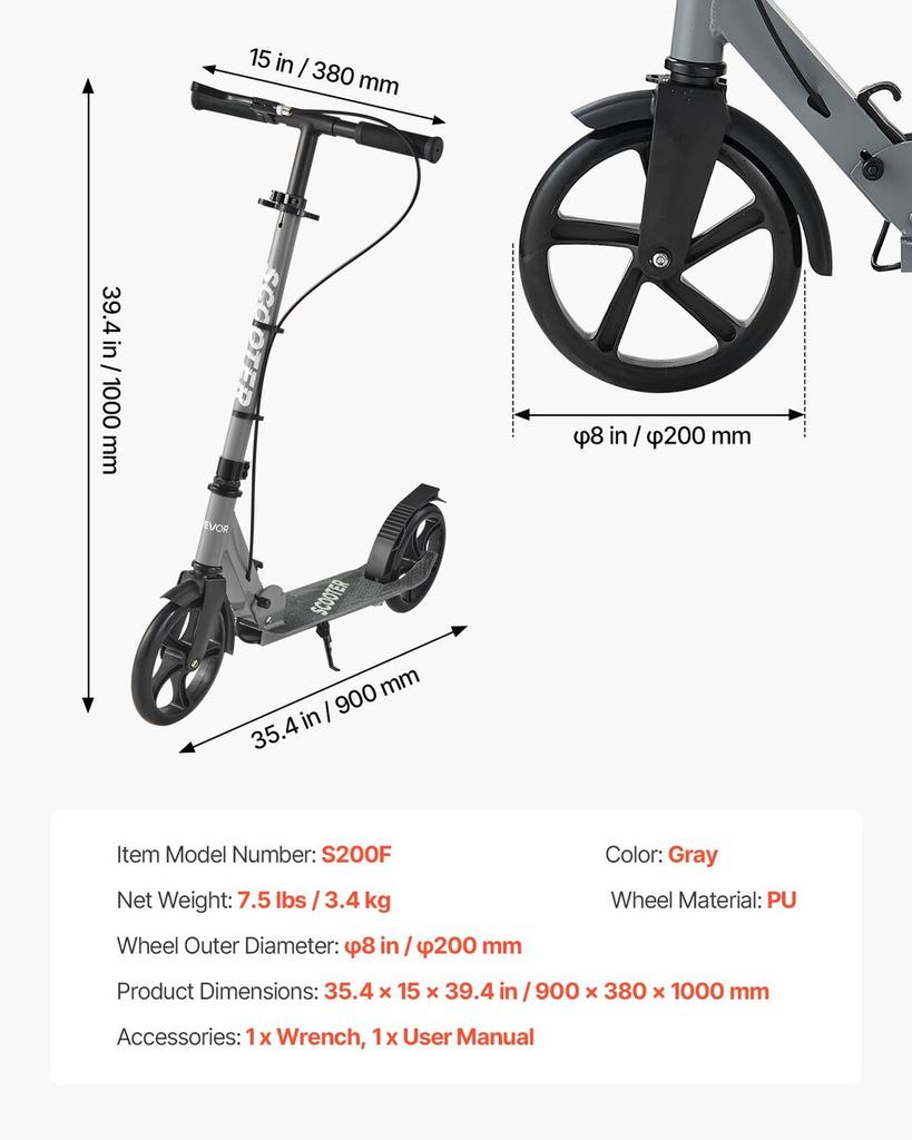 Kick Scooter for Kids Ages 8+, Teens & Adults, 2-Wheel Toddler Scooter with Adjustable Height Handlebar, Wide Anti-Slip Deck, Foldable Lightweight