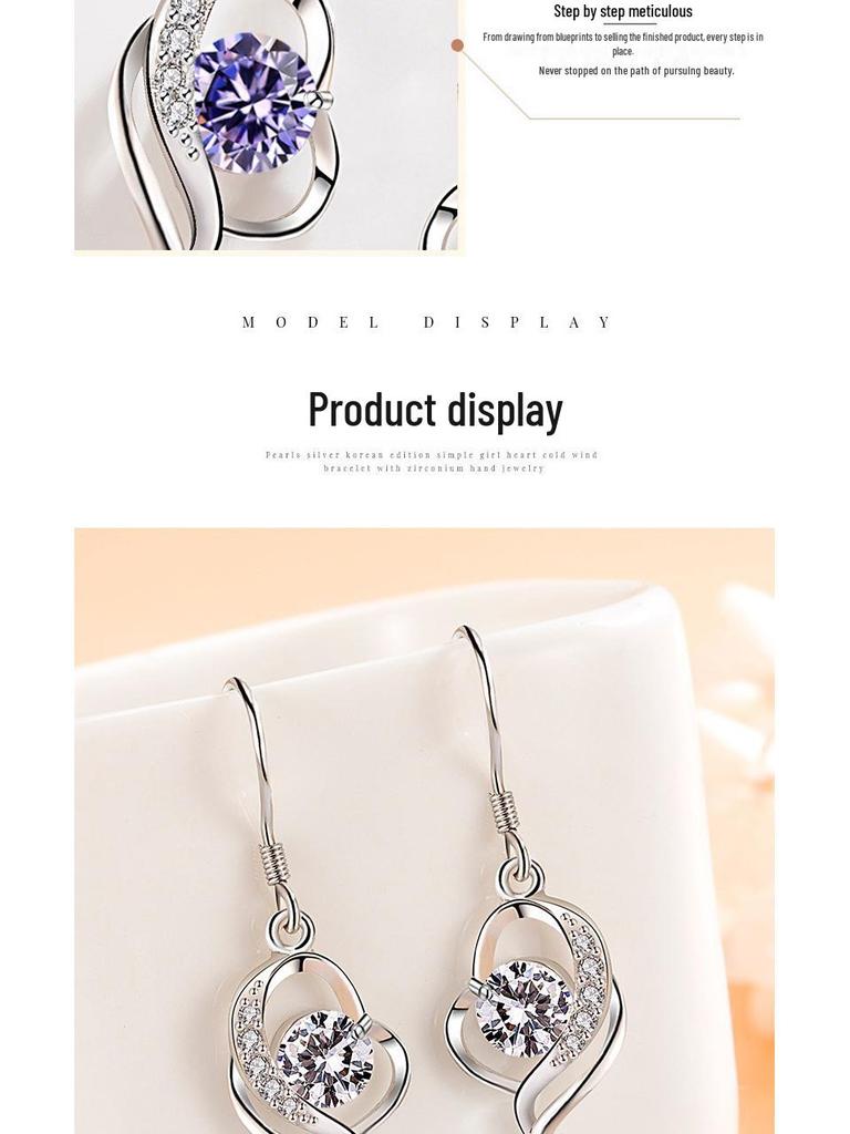 Japanese & Korean Zircon Silver-Plated Fashion Earrings: Elegant Medium-Length Hooks with Heart Details for Women