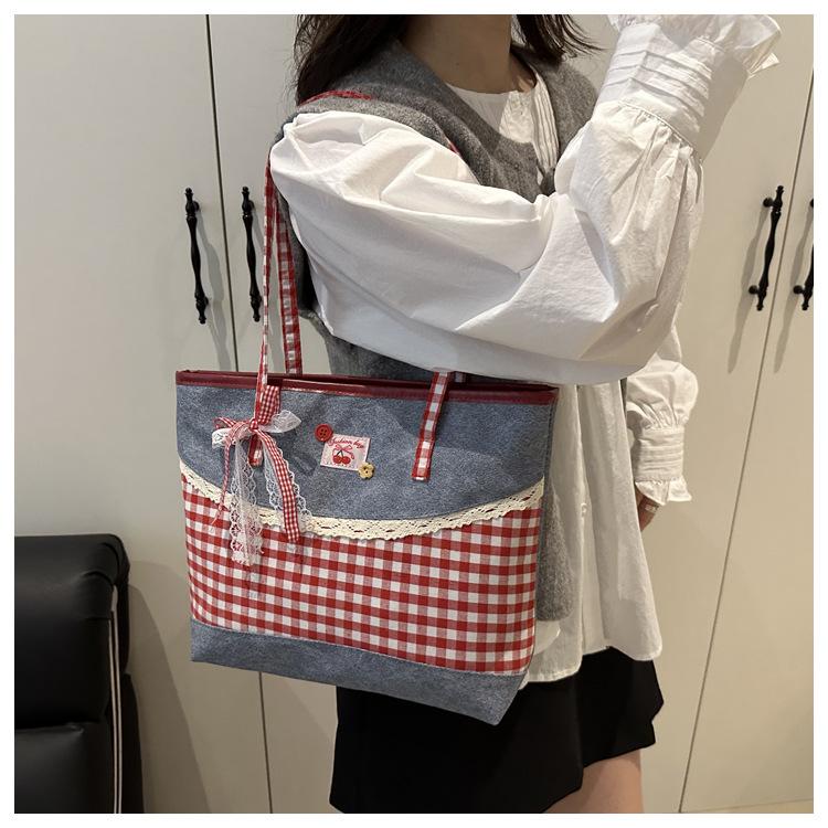 Korean Style Plaid Denim Shoulder Bag Sweet Bow Knot Crossbody Tote for Women CLE