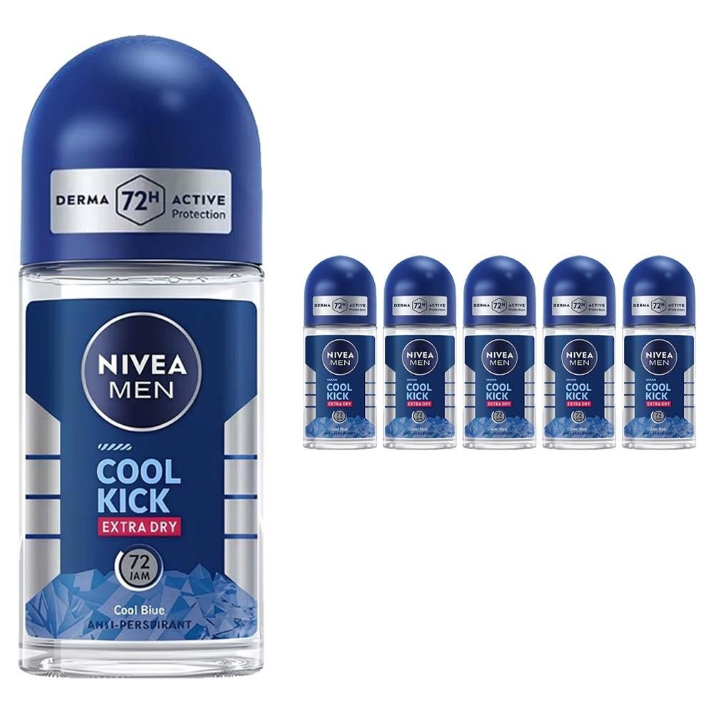 Nivea Men's Cool Kick Extra Dry Blue 48 Jam Roll-on Deodorant 6 Pcs 50ml