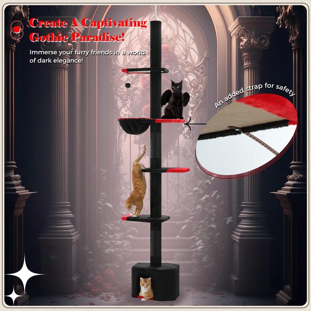 Adjustable Height Cat Tree for Indoor, Floor To Ceiling Cat Tower with Scratching Posts, Cat Condo, Hammock and Dangling Balls
