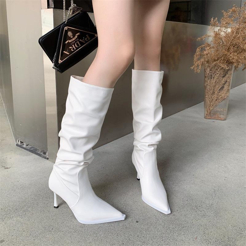 Summer 2025 New High-heeled Snake Pattern Pleated Stacking Boots Pointed Thin High-heeled Boots High Boots But Knee Boots