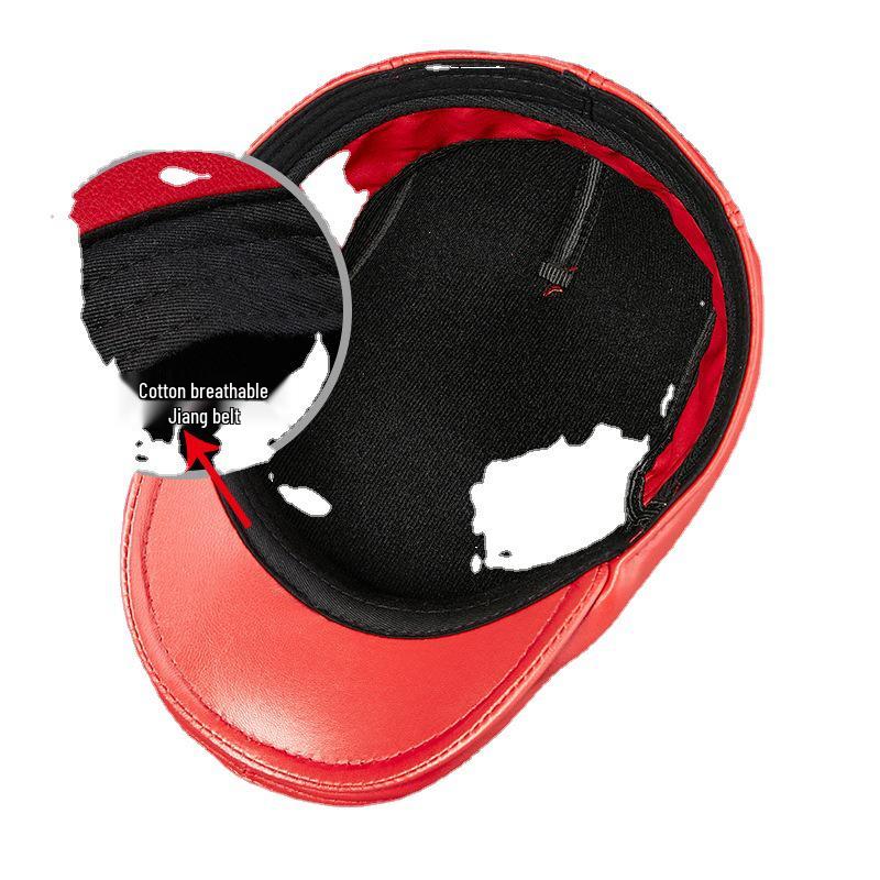 Unisex Dark Red Genuine Leather Sheepskin Flat Cap - Korean Style Warm Duckbill Cotton Hat for Autumn & Winter