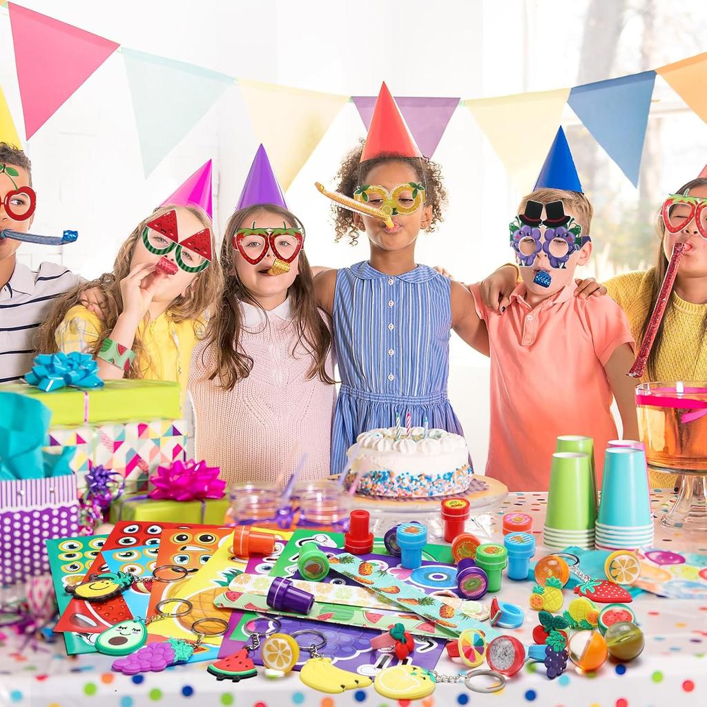 Blosssound 96 Pcs Fruit Party Favors Summer Theme Birthday Gifts Set Make a Fruit Sticker Stress Ball Slap Bracelet Glass Ring Keychain Stamper Gift