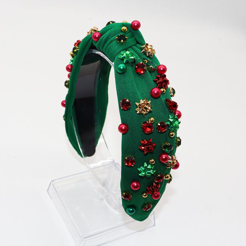 Bandeau de Noël Européen Américain avec Strass, Perles et Fleurs Métalliques 3D - Accessoire de Cheveux Festif pour Femmes
