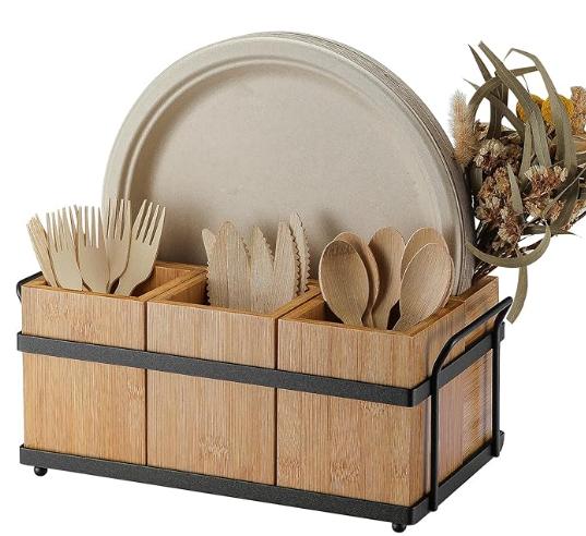 1 Wired Metal Rack 4 Wooden Storage Tubes 1 Partition Board Wood color28*16*13cm