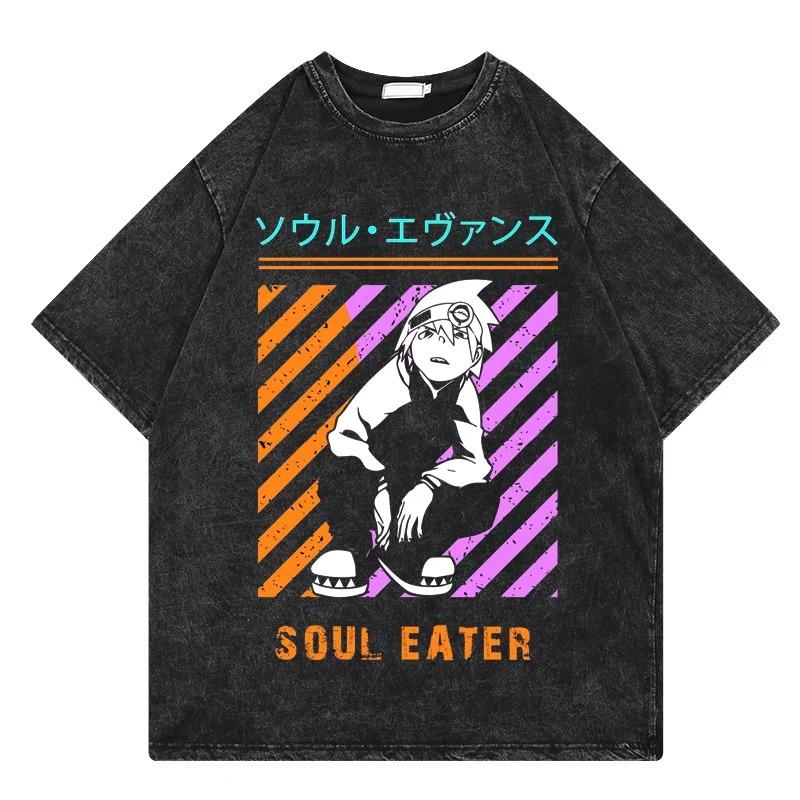 Soul Eater T Shirt Vintage Washed T Shirt Anime Printing Graphic Streetwear Hip Hop Loose Y2k T-Shirt Summer Casual Cotton Tees
