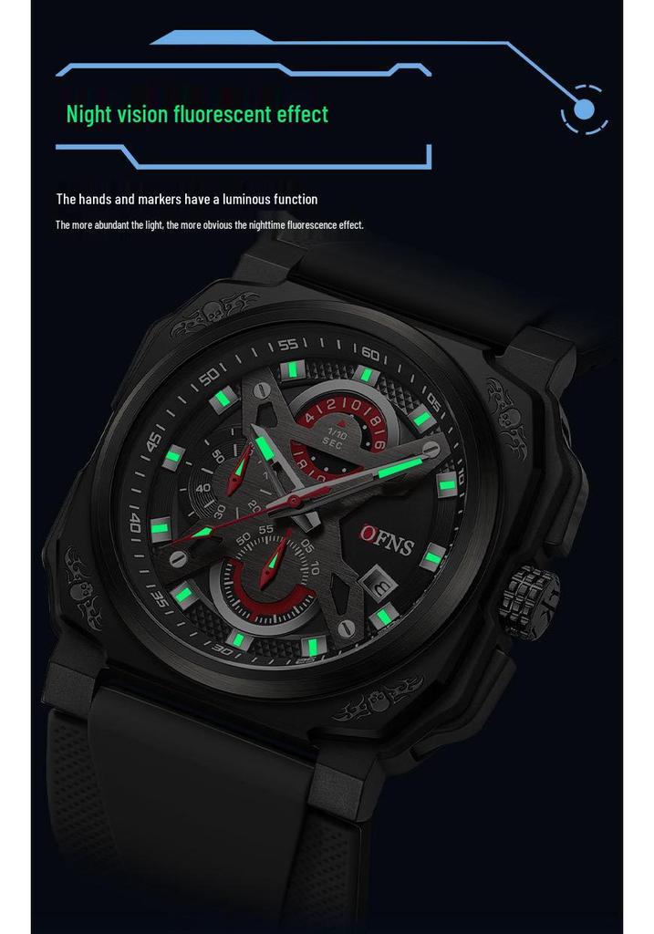 Oufannishi Creative Square Multifunctional Men's Waterproof Quartz Sports Watch with Calendar