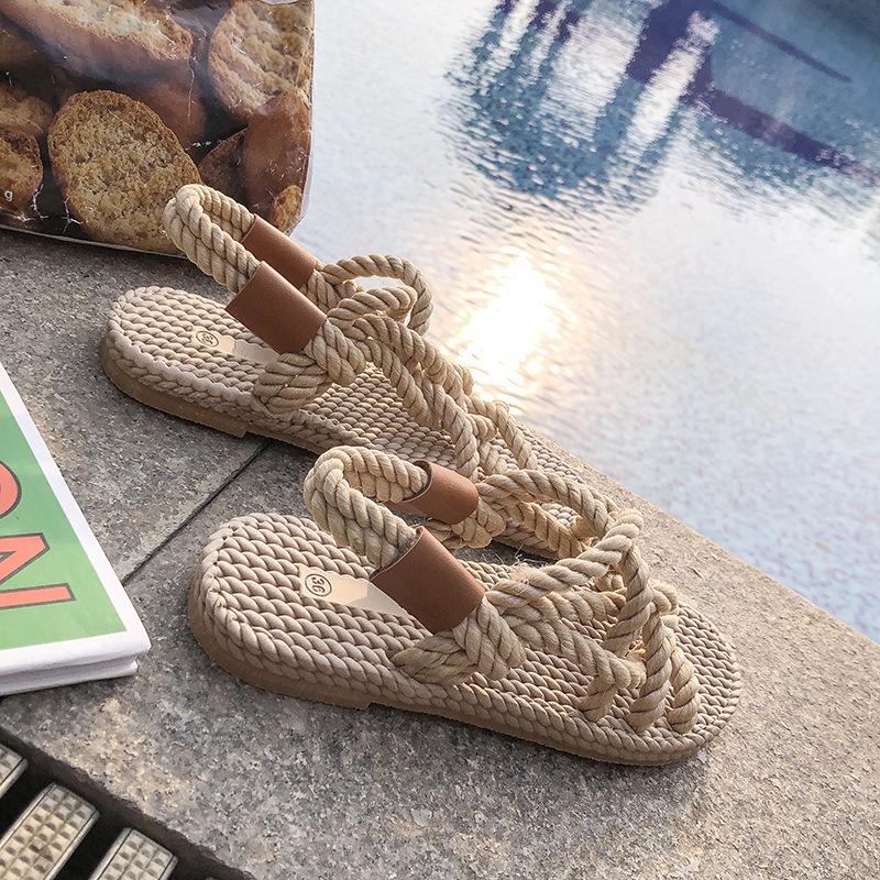 Summer New Korean Style Flat Bottom Sandals Women's Casual Beach Shoes Open Toe Knot Cross Rope Sandals Comfortable Ladies Flip