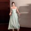 Green backless suspender dress children's summer seaside vacation French high-end temperament waist a-word long dress