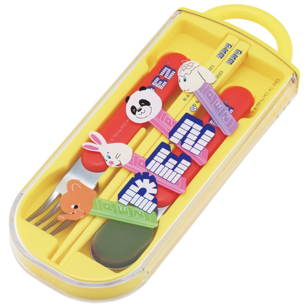 Skater Bento Trio and Made in PEZ TACC2AG Kids' Set, Chopsticks, Spoon, Fork, Kids' Cutlery, Antibacterial, Easy-Open Slide-Open, Japan,