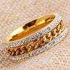 European-American Fashion Gold Twisted Chain Ring with 7MM Dual Diamond Rows in Stainless Steel