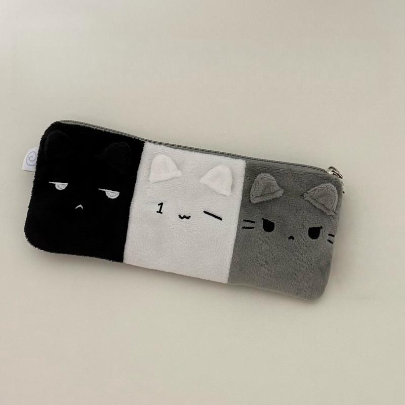 1Pcs Black White And Gray Kitten Pencil Case Plush Cute Cat Storage Bag Large Capacity Cartoon Stationery Case For Student