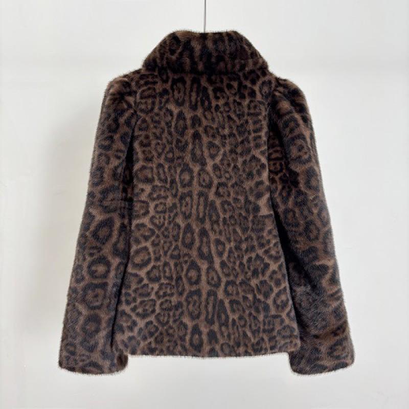 Womens Coffee Leopard Faux Fur Coat Square Neck Long Sleeve Casual Outerwear
