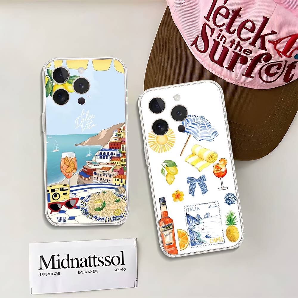 Seaside Scenery Wine Lemon Phone Case For iPhone 17 16 15 11 12 14 13 Pro Max Mini X XS XR 7 Plus 17E Shockproof Cover Fundas