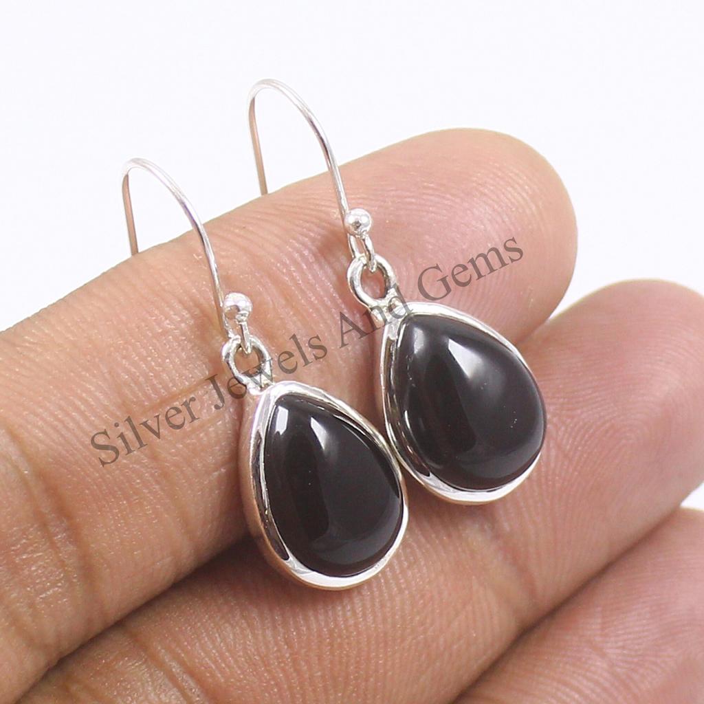 925 Sterling Silver Teardrop Black Onyx Earrings, December Birthstone
