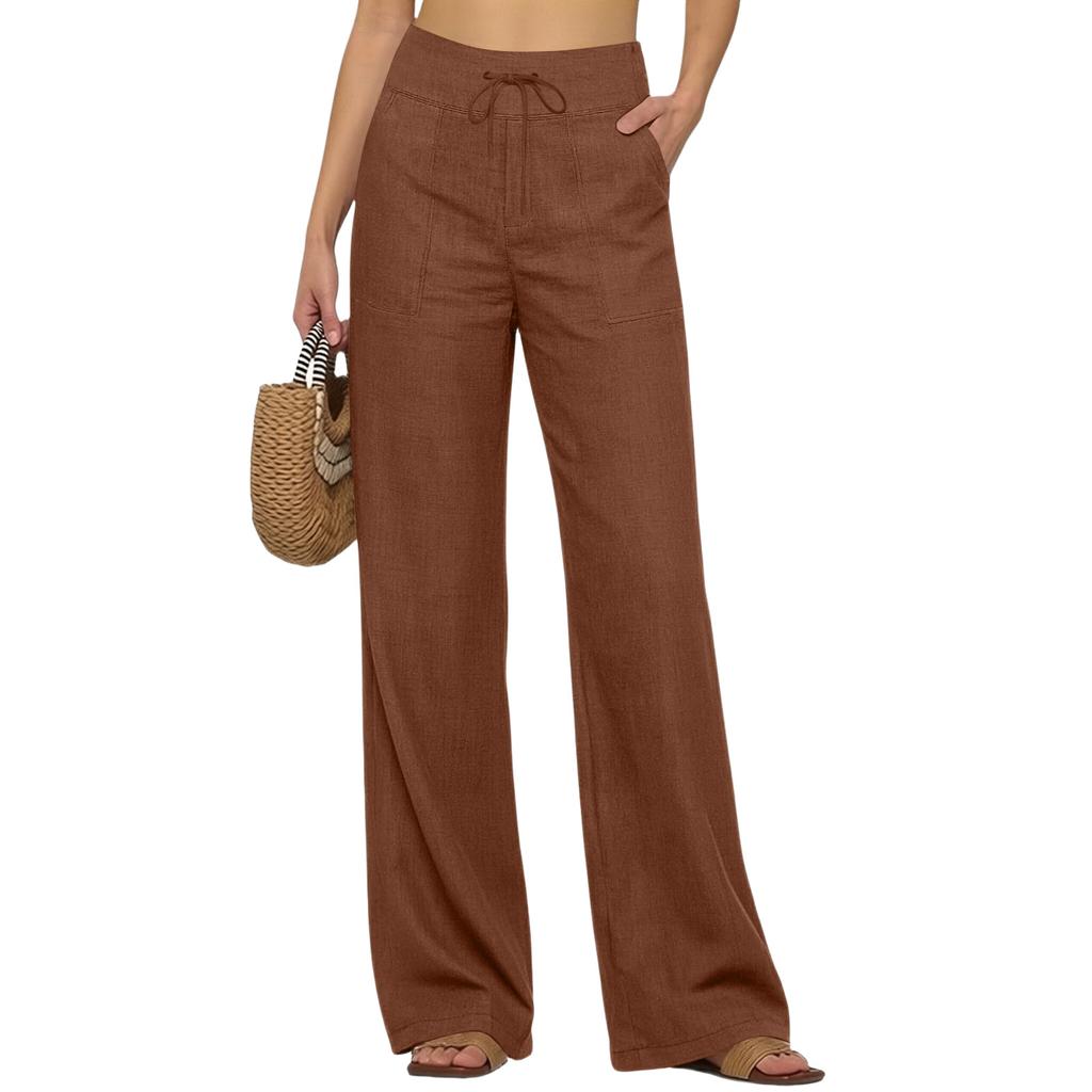 Women’s Wide Leg Linen Pants with Drawstring Waistband Loose Fit Casual Trousers with Pockets for Everyday Wear