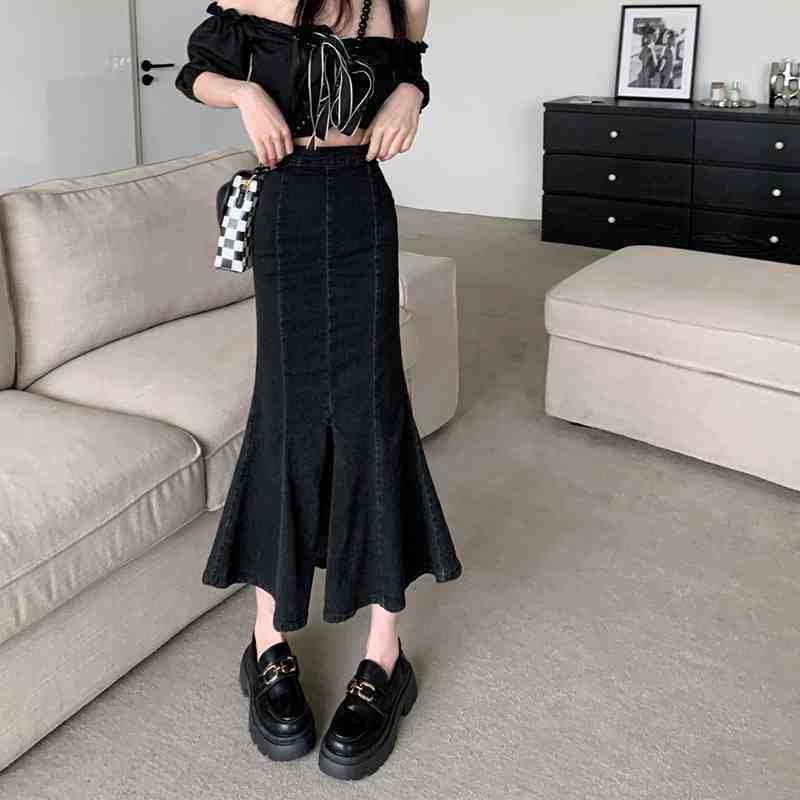 Elegant Summer Black Thin Package Hip Elastic Open Fork Fishtail Skirt Ruffled Temperament Female Versatile Comfortable Fashion Denim Bustier Skirt