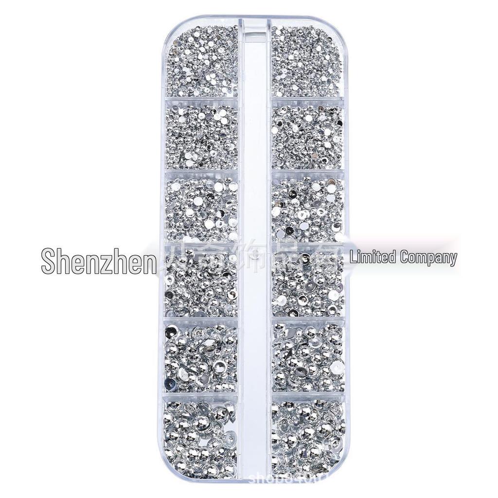 Silver Flat-Bottom Half-Pearl Nail Art Decorations, Mixed Sizes