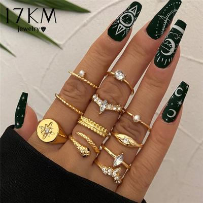 17KM Bohemian Gold Stamp Snake Crystal Rings Set for Women Retro Silver Color Moon Star Knuckle Rings Jewelry