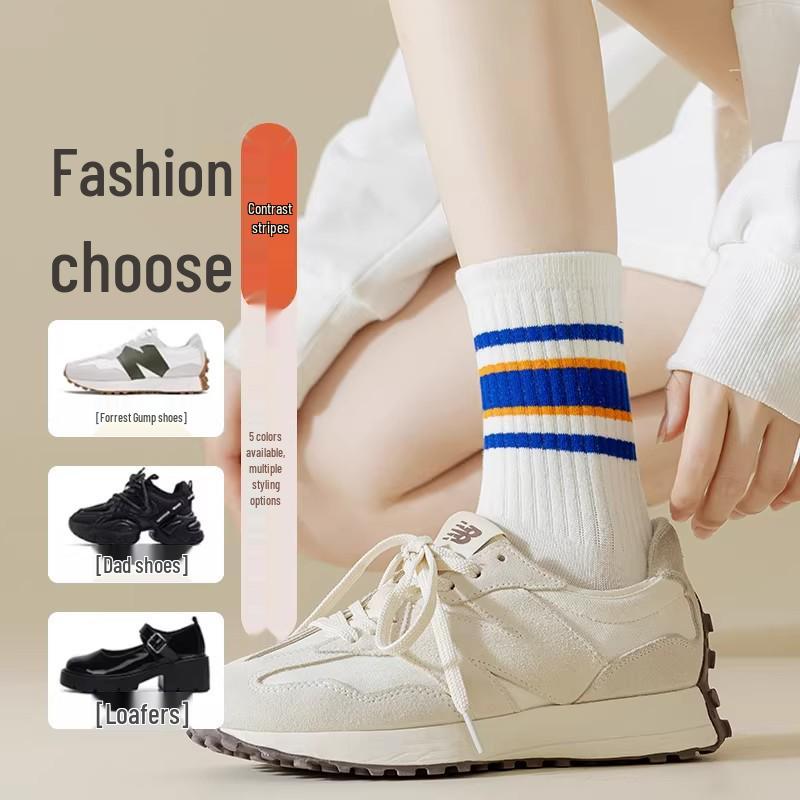Women's White Striped Mid-Calf Cotton Socks - Trendy Spring/Autumn Sports Style