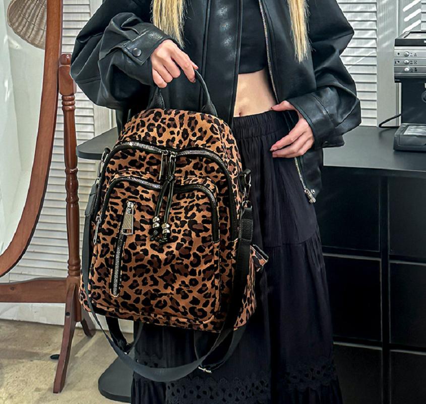2025 New Fashion Leopard Soft Leather Travel Backpacks Women's Large Capacity Shoulder Bags Totes School Bag Crossbody Bagpack