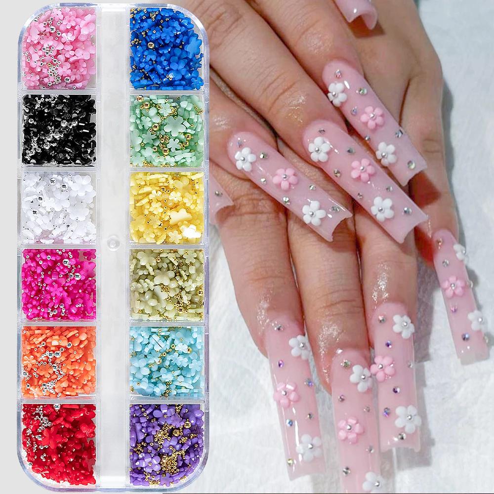 12Grids/Box Mixed Resin Bowknot Nail Charms 3D Colorful Bow Kawaii Rhinestone Nail Art Decorations DIY Manicure Parts Pen Tweeze