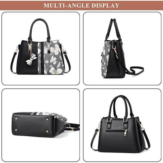 Women's Floral Pattern Handbag and Purse PU Leather Stitching Tote Satchel Shoulder Bag Commuter Top Handle Crossbody