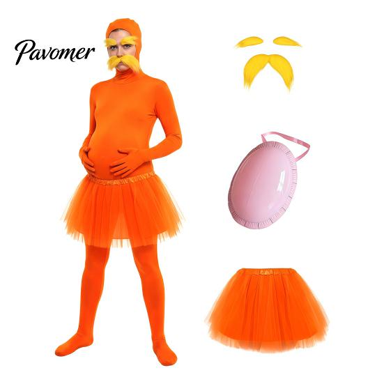 Halloween Party Jumpsuits Orange Full Bodysuit, with Tulle Skirt, Fake Belly, Yellow Mustache & Eyebrows, Cosplay Outfit Open Face Zentai Suit,