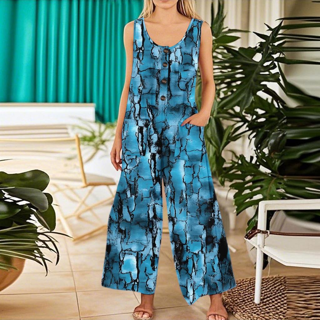 Women's Fashion Casual Button Sleeveless Jumpsuit Floral Flower Print Cotton Pocket Jumpsuit