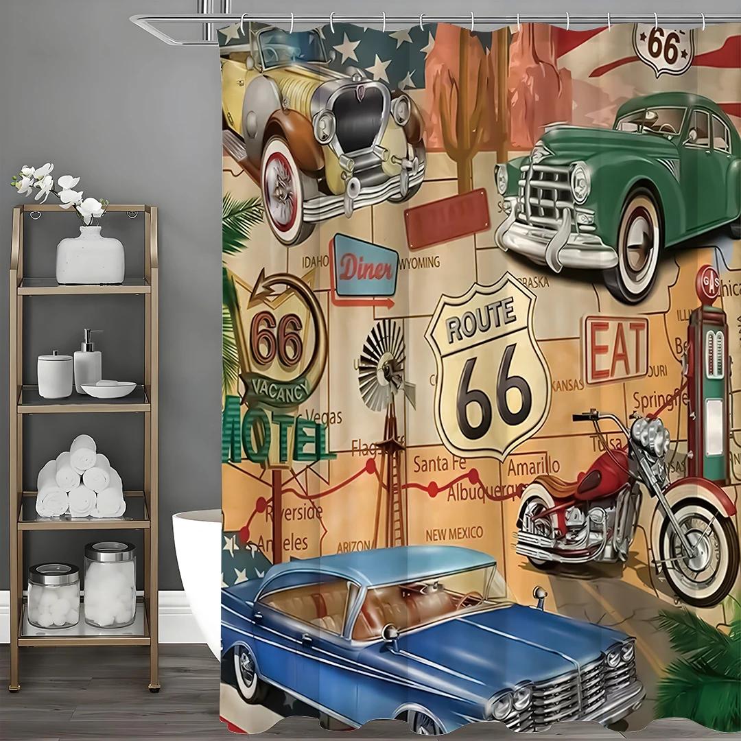 

Фон в стиле тематики Route 66 Комикс Винтажная Дорожная Карта Автомобили Мотоциклы Историческая Шторка для Душа, Декоративная Шторка для Ванной 90X180CM