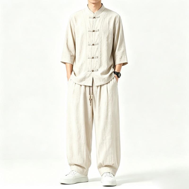 Men Chinese Style Retro Stand Collar Shirt And Pants Casual Two Piece Set