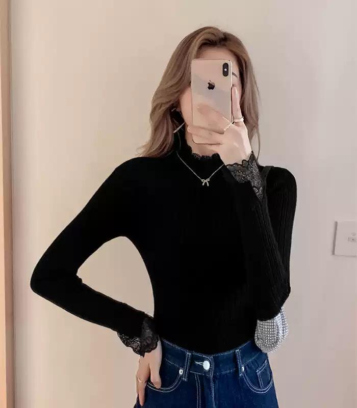Apricot Lace Trim Slim Fit Sweater - Women's Half High Neck, Long Sleeve Knit Top for Spring & Autumn